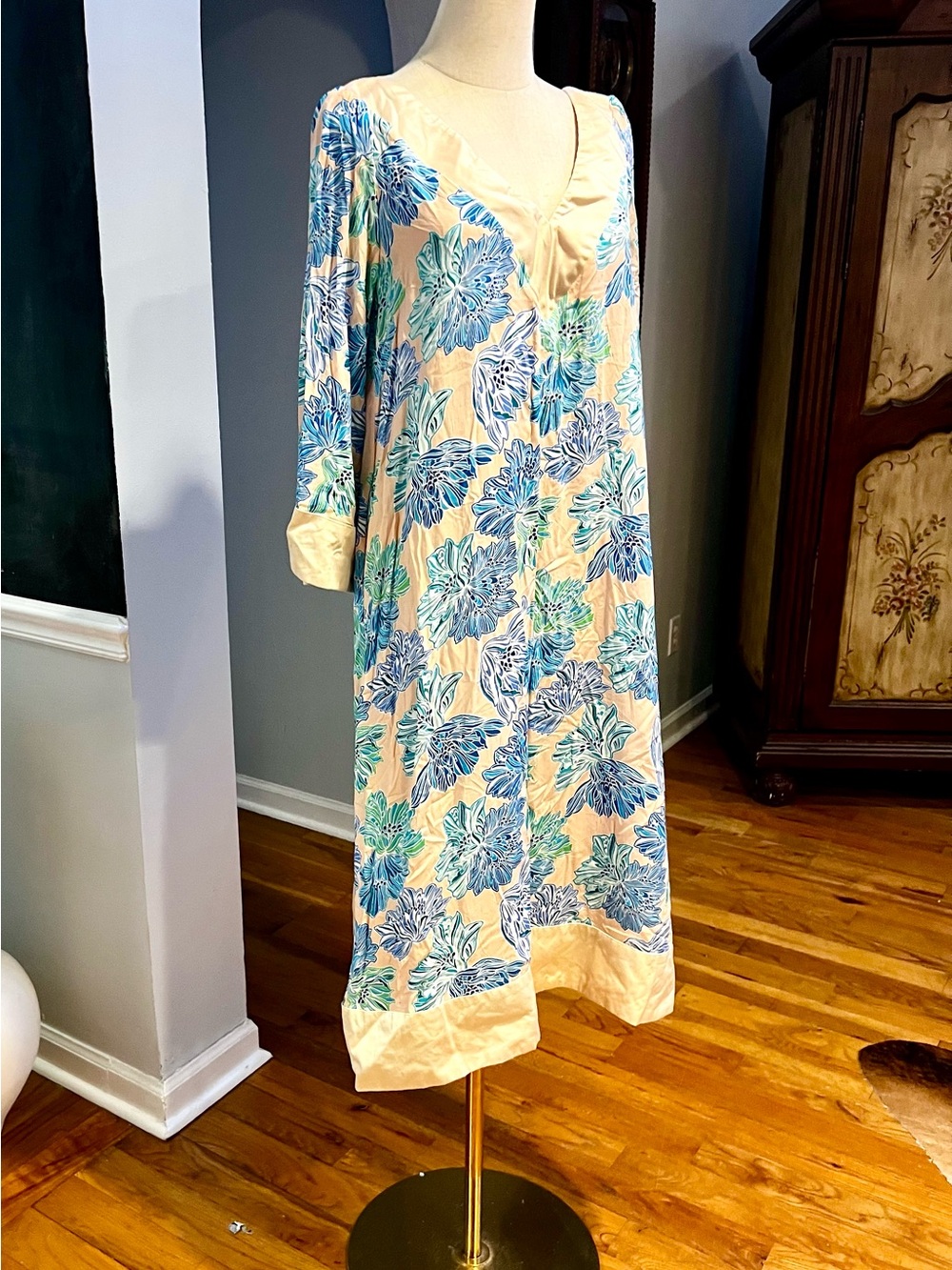 BURU Floral Caftan Midi Dress Resort Coastal Boho Vacation Tunic Peach Size L - Picture 2 of 8
